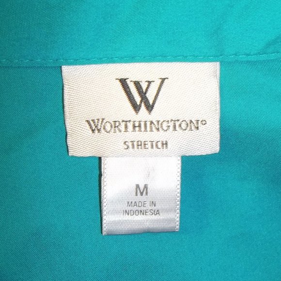 Worthington Stretch Womens Top Blouse Size Medium Button Front Pleated Teal - Picture 4 of 5